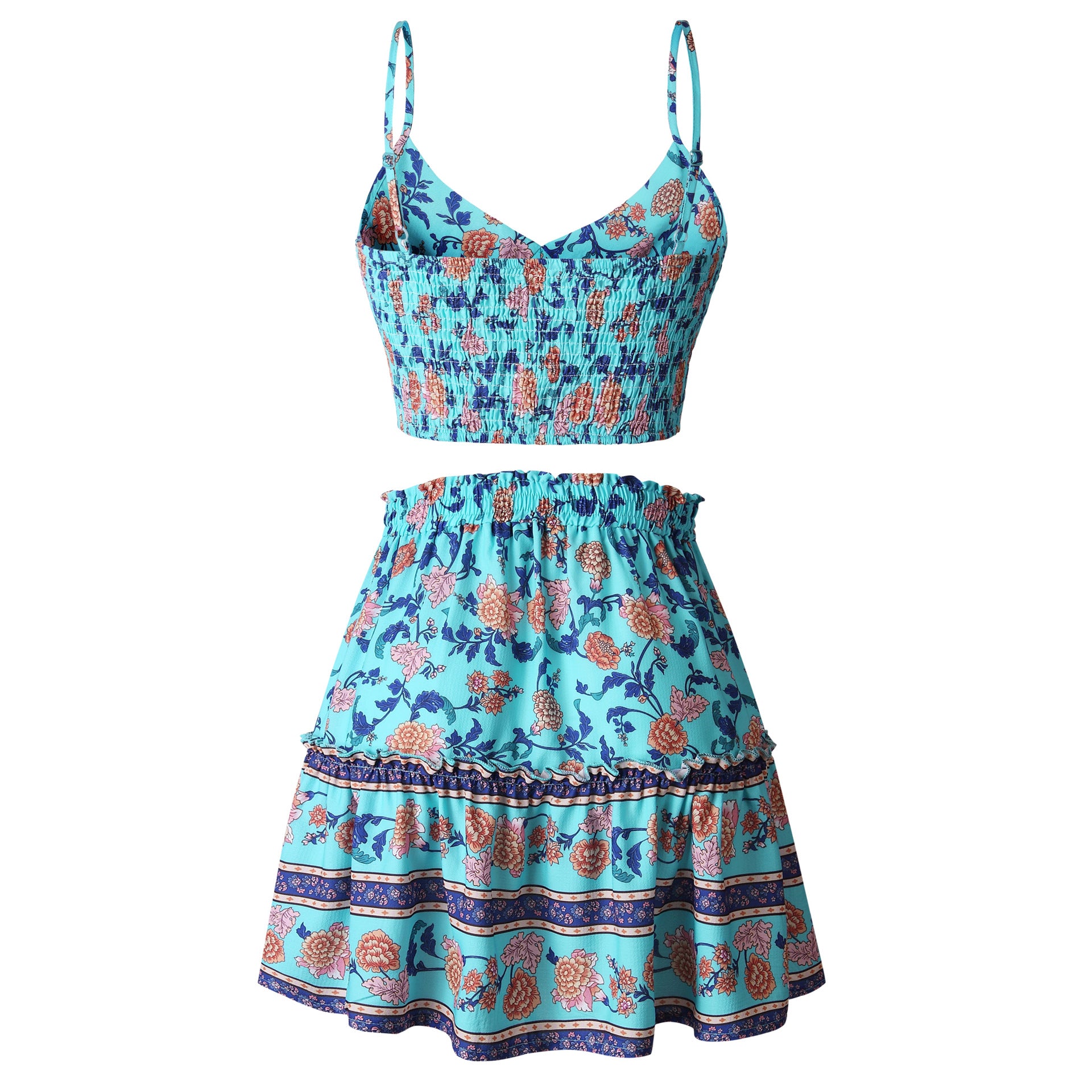 Turquoise Floral Crop Top and Skirt Matching Sets