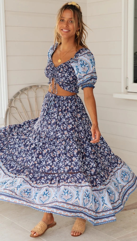 Boho Navy Floral Top and Skirt Matching Sets