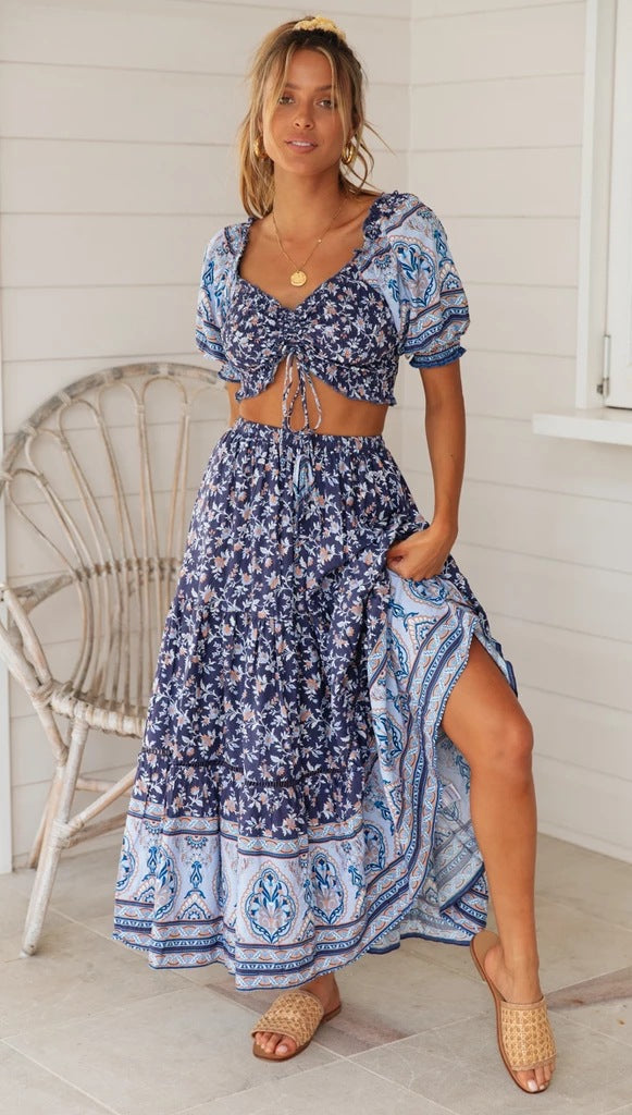 Boho Navy Floral Top and Skirt Matching Sets