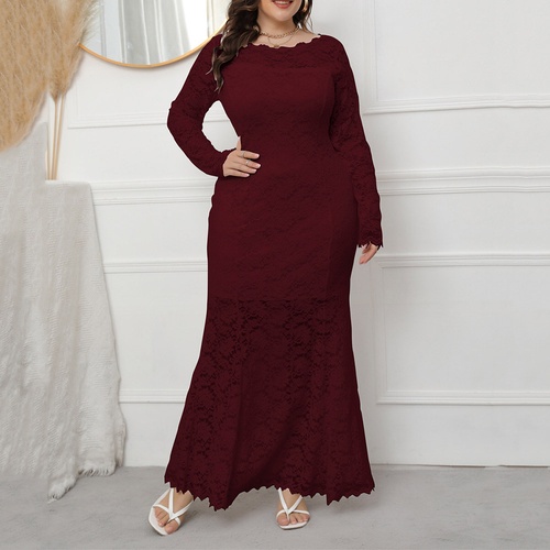 Round Neck Long Sleeve Floor Length Falbala Plain Womens Dress