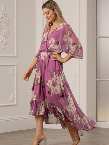 Yumi Urban Soft Pink Floral Print Kimono Midi Wrap Dress