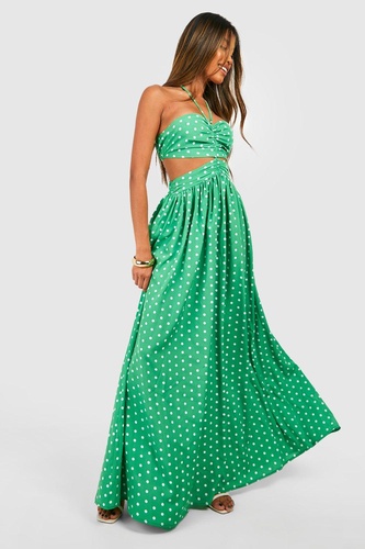 Polka Dot Halterneck Cut Out Maxi Dress