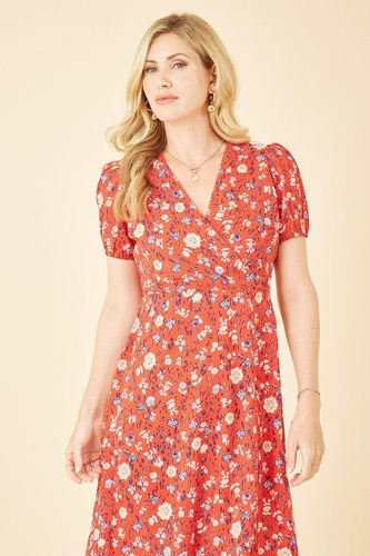 Red Floral Midi Tea Dress