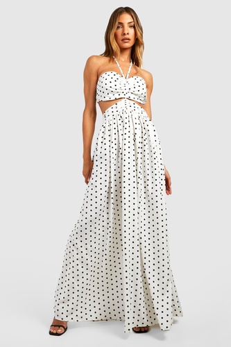 Polka Dot Halterneck Cut Out Maxi Dress