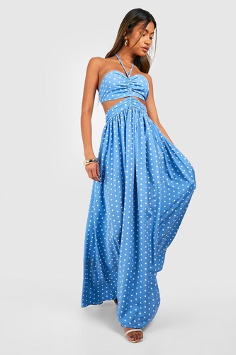 Polka Dot Halterneck Cut Out Maxi Dress