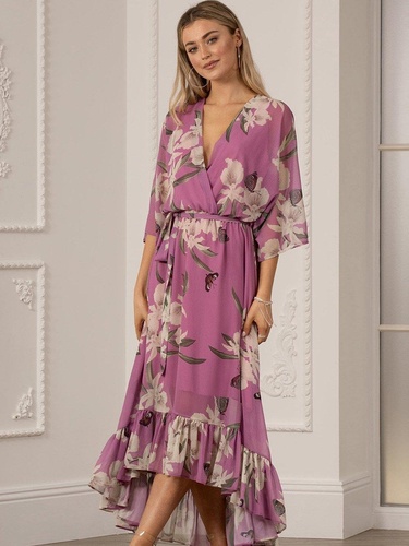 Yumi Urban Soft Pink Floral Print Kimono Midi Wrap Dress