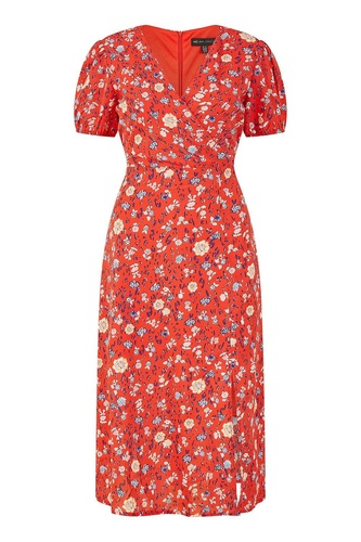 Red Floral Midi Tea Dress