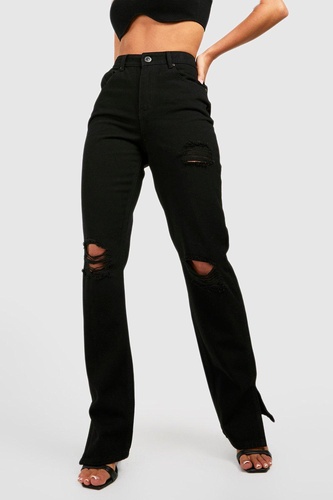 Mid Rise Ripped Knee Straight Fit Split Hem Jeans