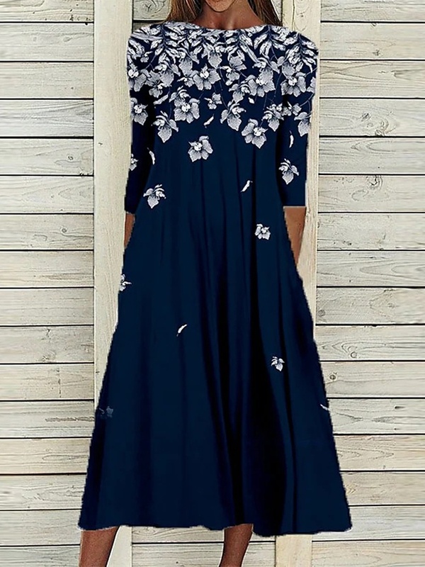 Casual Floral Print Crew Neck Long Sleeve Midi Dress