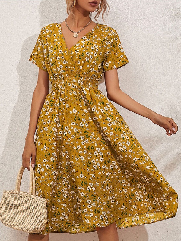 V Neck Floral Print Waist Short Sleeved Midi Dress