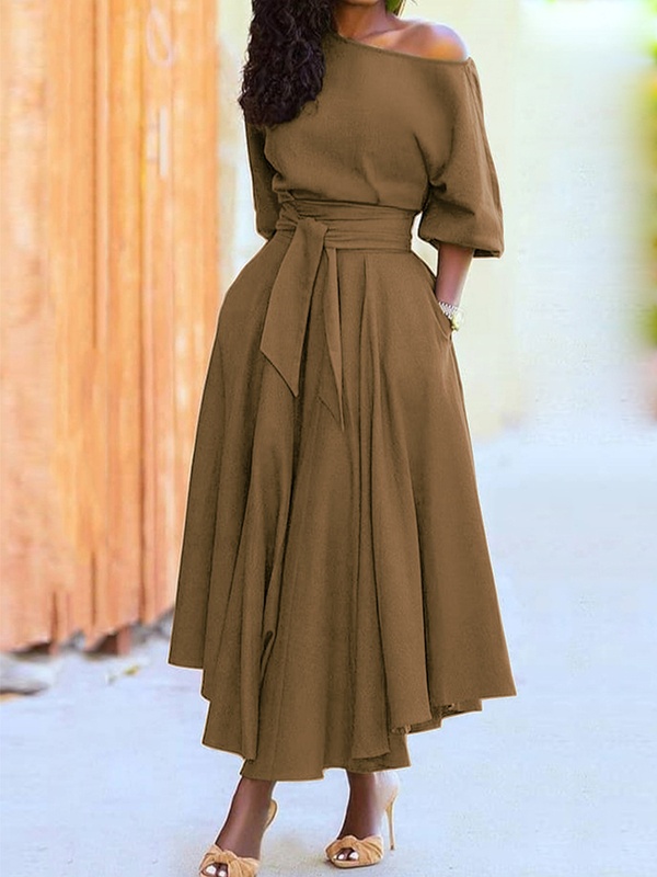 One Shoulder Collar Solid Color Dress