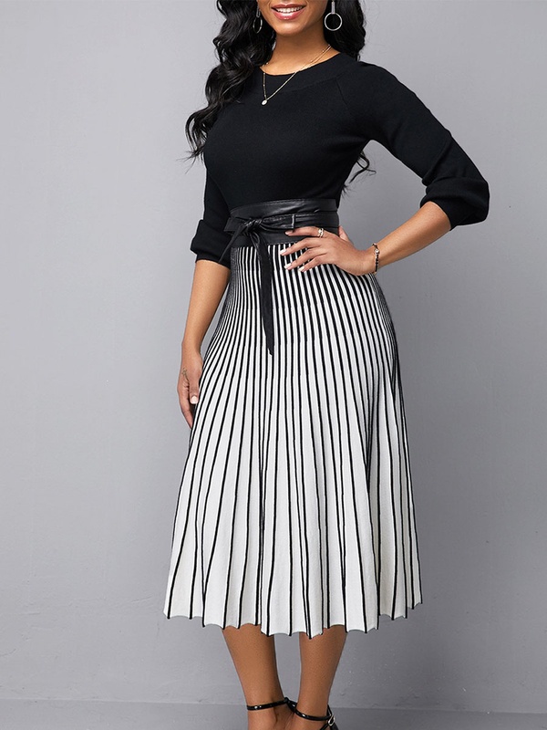 Casual Long Sleeve Round Neck A Line Midi Dresses