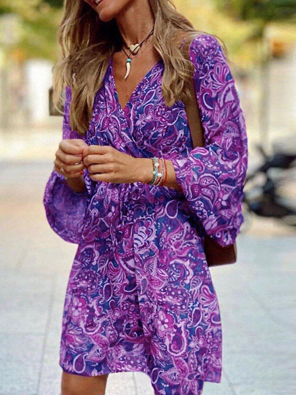 V neck Casual Loose Vintage Print Long Sleeve Short Dress