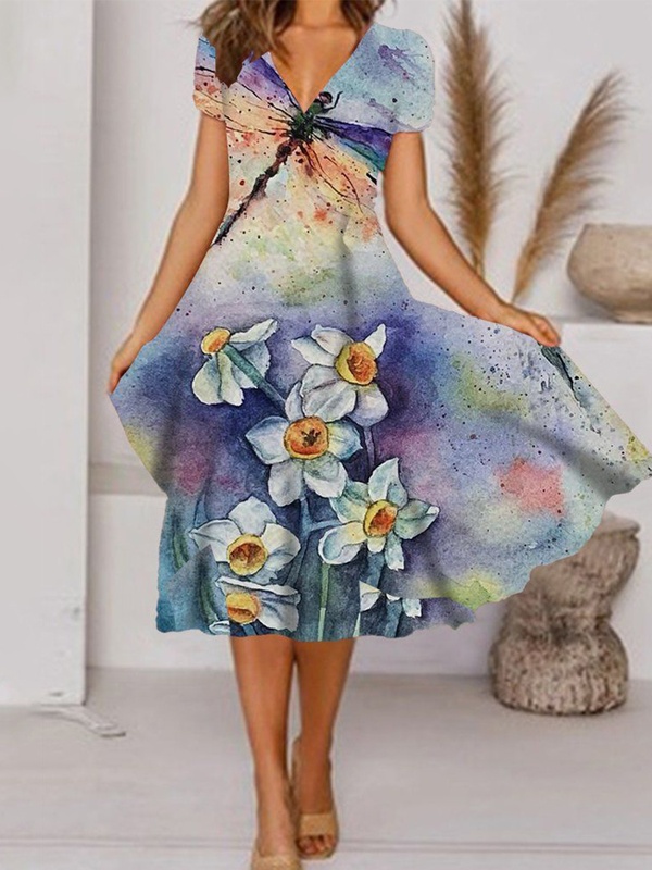 Women Fashion Short Sleeves Floral Printed V Neck Midi Dress