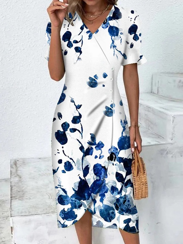 V Neck Short Sleeves Printed Casual Midi Dress