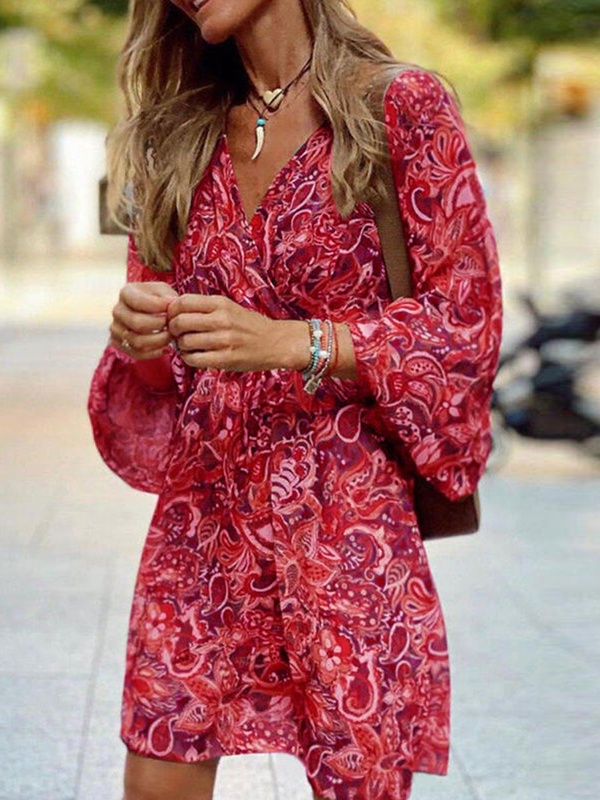 V neck Casual Loose Vintage Print Long Sleeve Short Dress