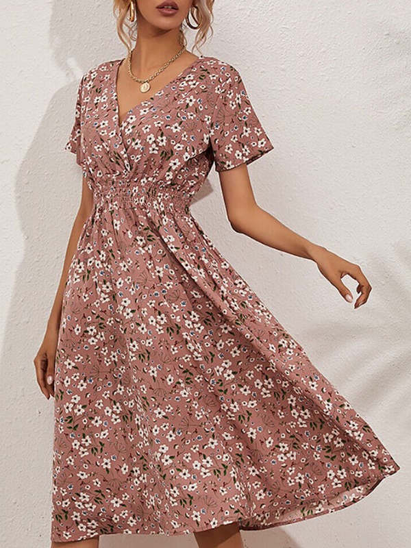 V Neck Floral Print Waist Short Sleeved Midi Dress