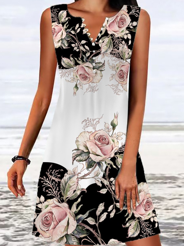 Printed V Neck Sleeveless Short Dress