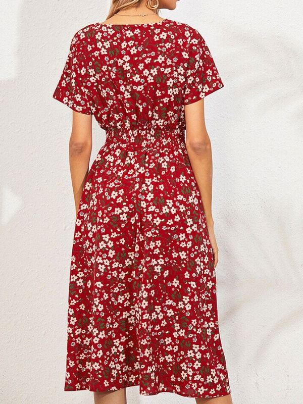 V Neck Floral Print Waist Short Sleeved Midi Dress