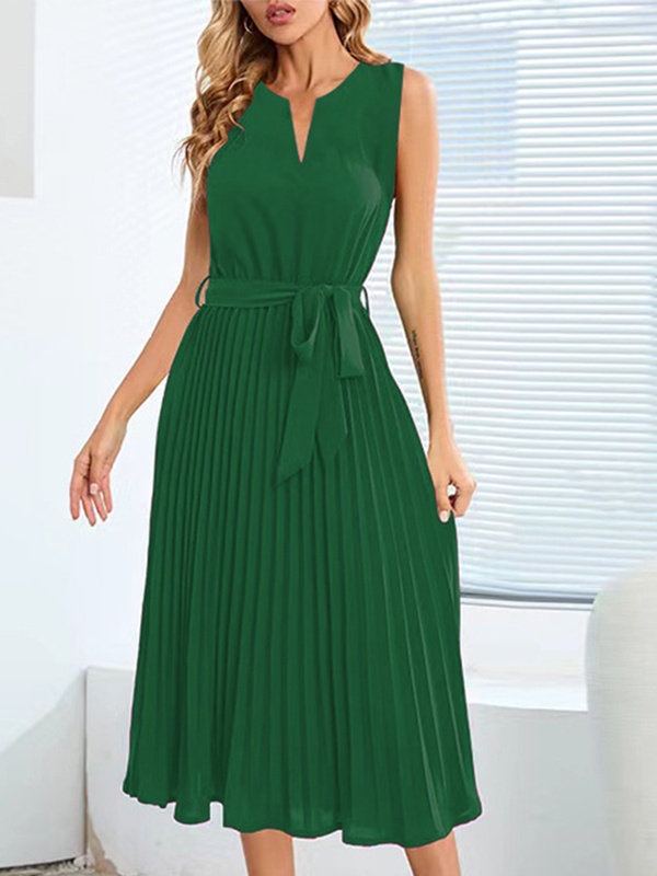 Pleated V neck Sleeveless Solid Midi Dress