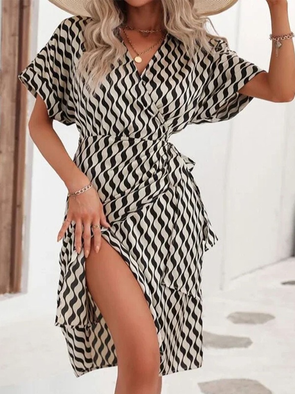 Print Short Sleeve V Neck Midi Dress