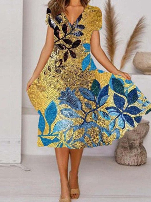 Women Fashion Short Sleeves Floral Printed V Neck Midi Dress