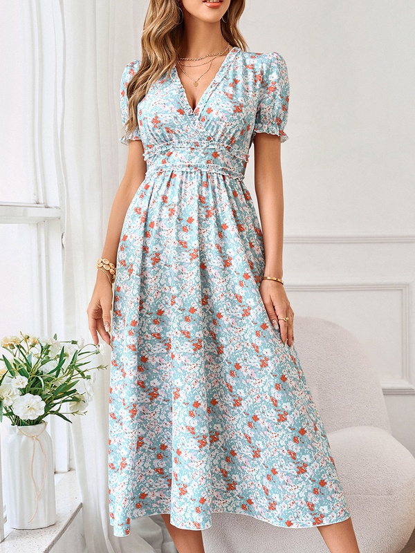 V neck Waist Up Printed Short Sleeve Midi Dress