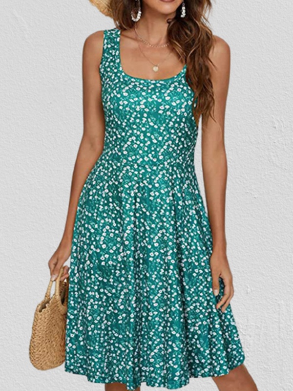 Sleeveless Round Neck Printed Midi Dress