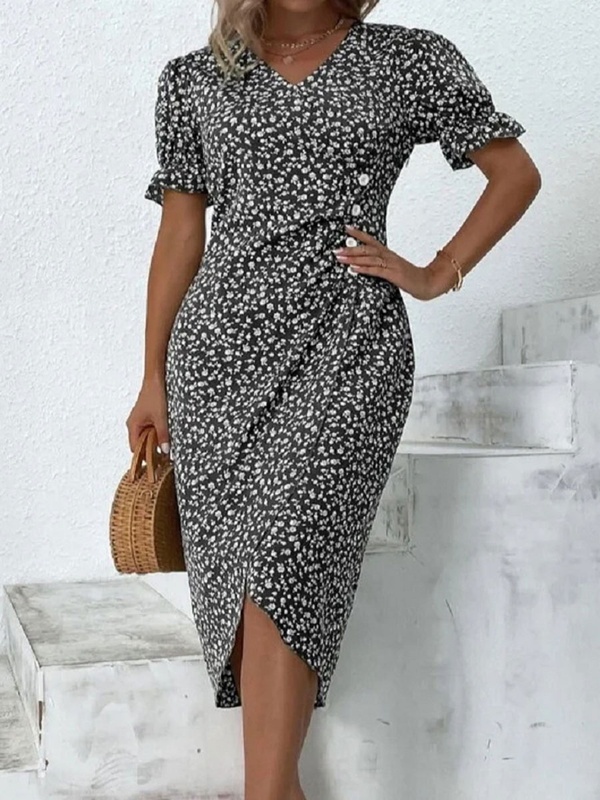 V neck Casual Floral Print Short Sleeve Midi Dress