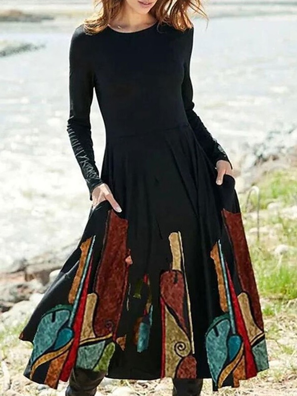 Round Neck Casual Printed Long Sleeve Midi Dress