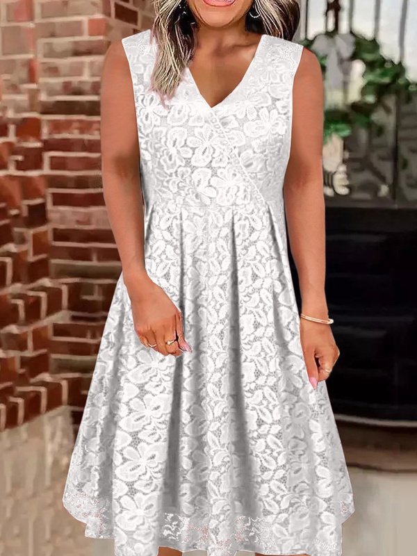 V Neck Sleeveless Lace Midi Dress