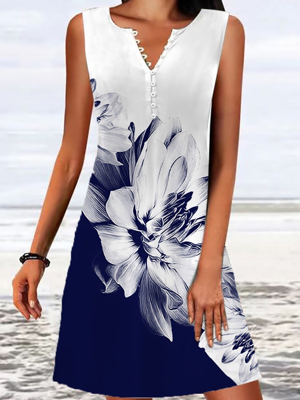 Printed V Neck Sleeveless Short Dress