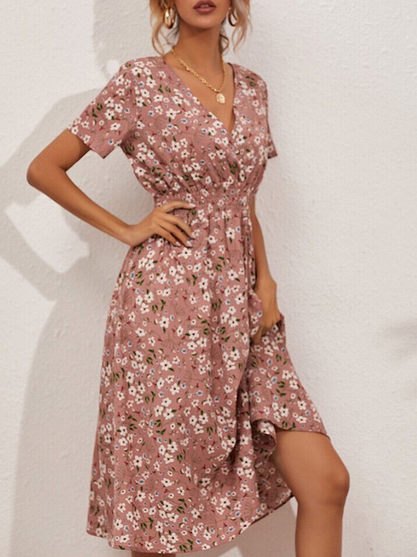 V Neck Floral Print Waist Short Sleeved Midi Dress