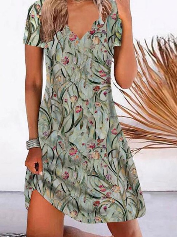 V Neck Casual Loose Leaf Print Short Sleeved Short Dress