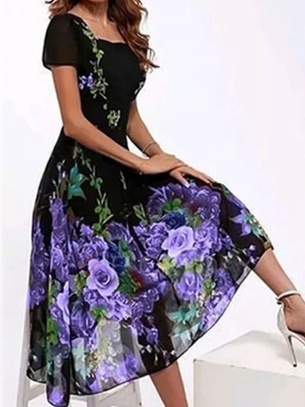 Round Neck Casual Floral Print Short Sleeve Midi Dress