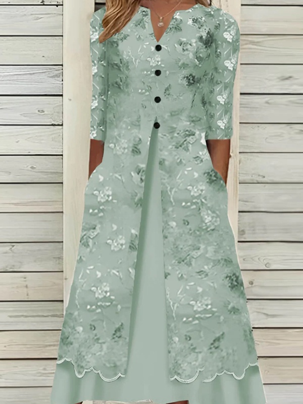 Casual Vintage Floral Print V Neck Long Sleeve Midi Dress