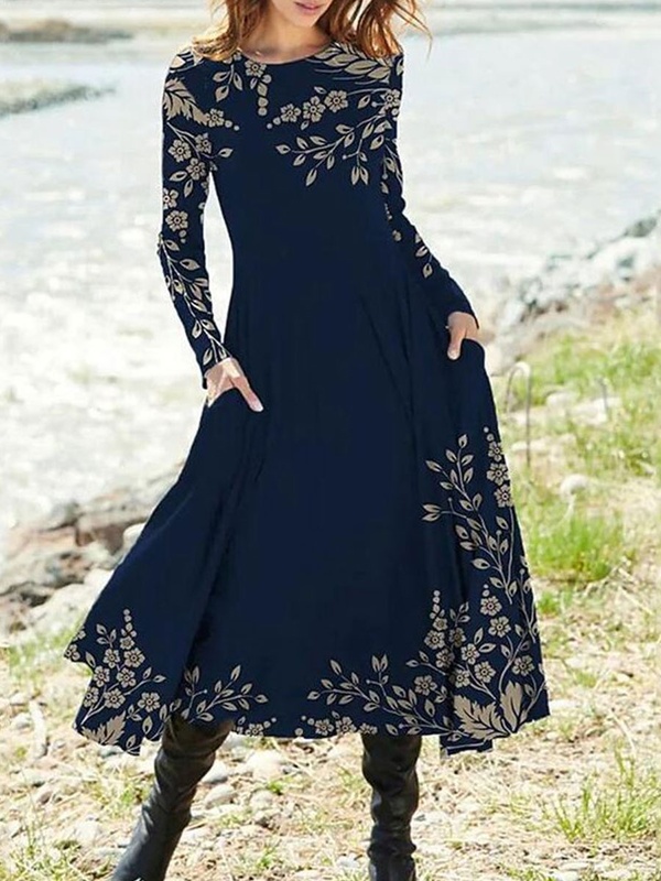 Round Neck Casual Printed Long Sleeve Midi Dress