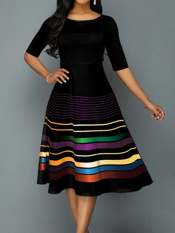 Print Pocket Crew Neck Half Sleeve Midi Dress