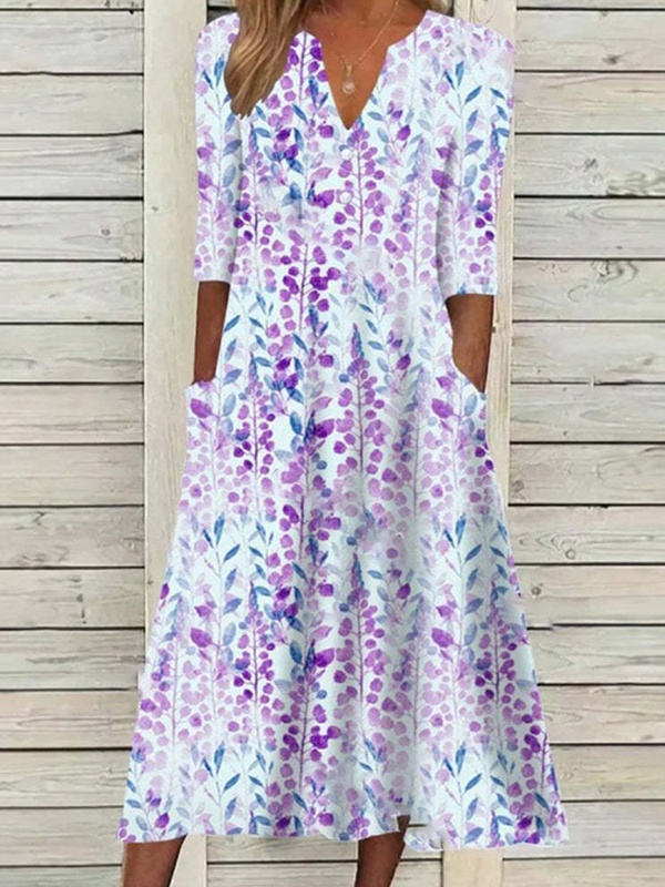 Round Neck Half Sleeves Printed Casual Midi Dress