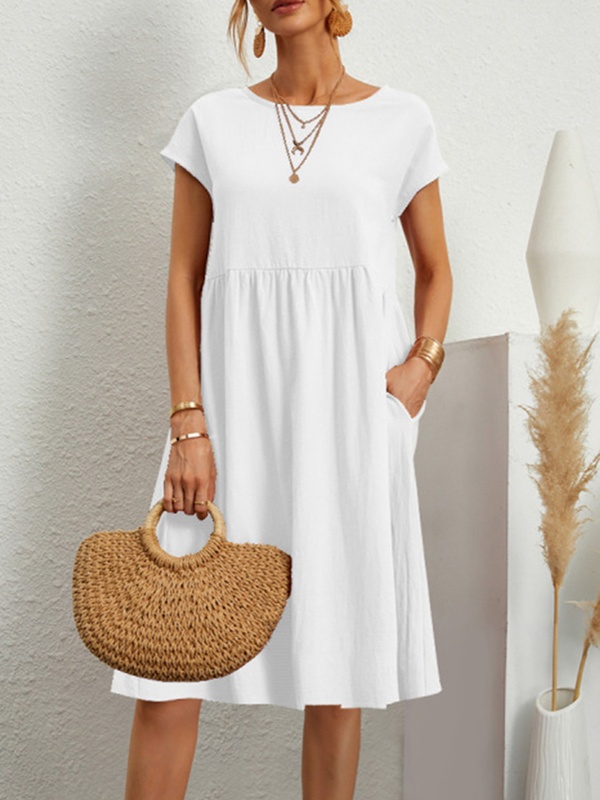 Summer Cotton And Linen Solid Color Round Neck Dress