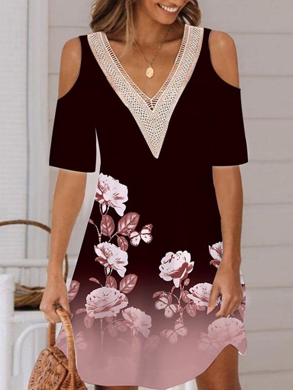 Womens Printed Off Shoulder V neck Short Dress