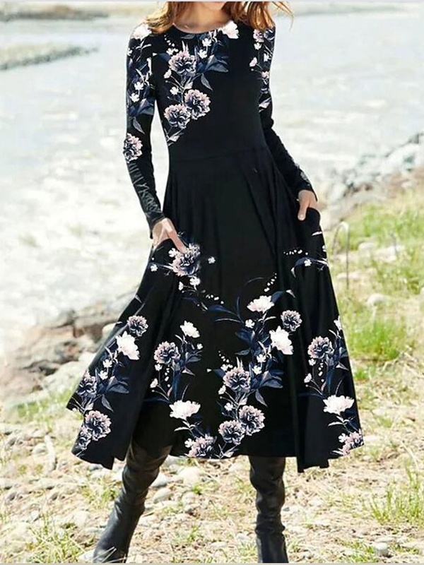 Round Neck Casual Printed Long Sleeve Midi Dress