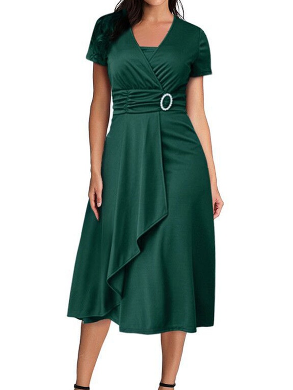 V neck Casual Loose Solid Color Short sleeved Midi Dress