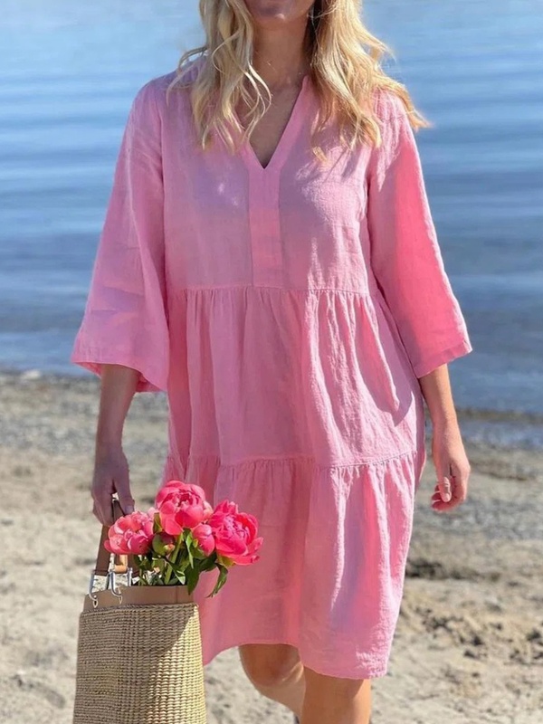 Women Casual Pink Loose V Neck Short Dress