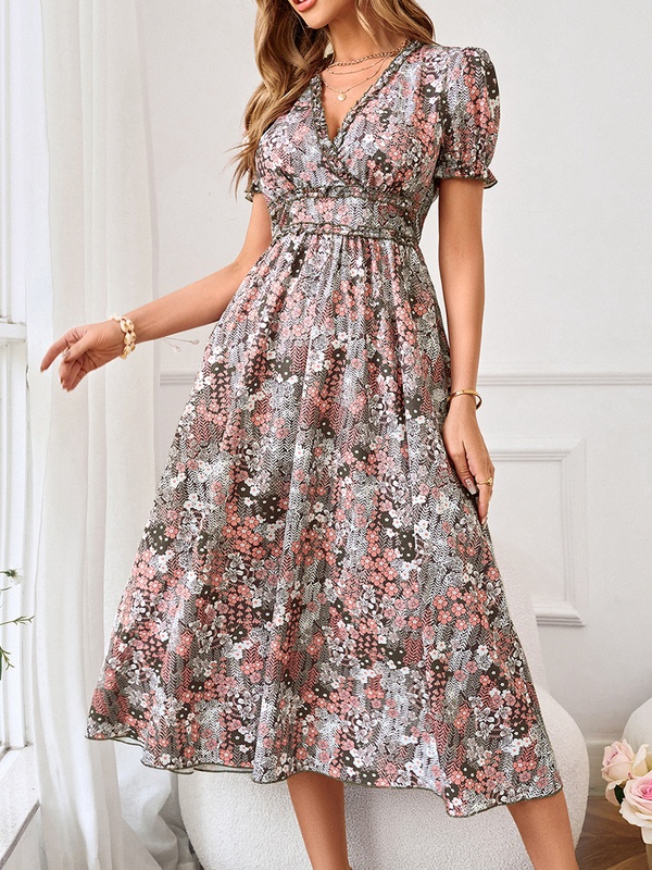 V neck Waist Up Printed Short Sleeve Midi Dress