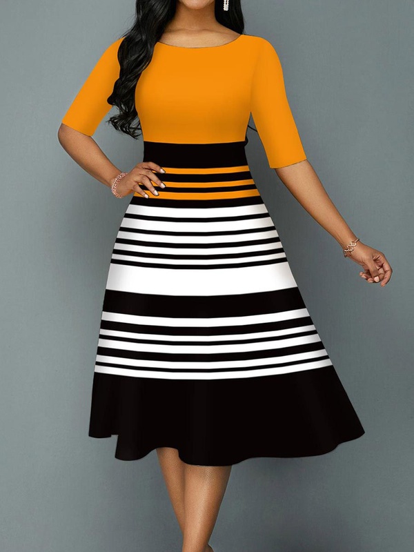 Print Pocket Crew Neck Half Sleeve Midi Dress