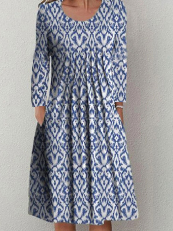 Round Neck Casual Loose Floral Print Long Sleeve Midi Dress