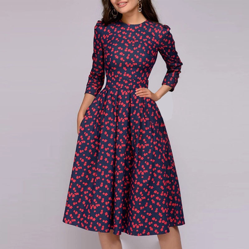 Round Neck Floral Printed Skater Dress