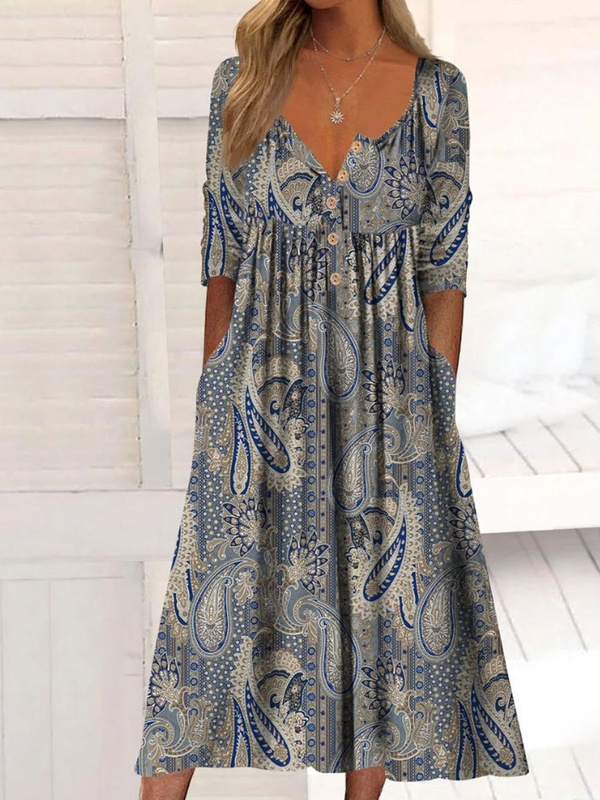 Round Neck Casual Loose Floral Print Long Sleeve Midi Dress