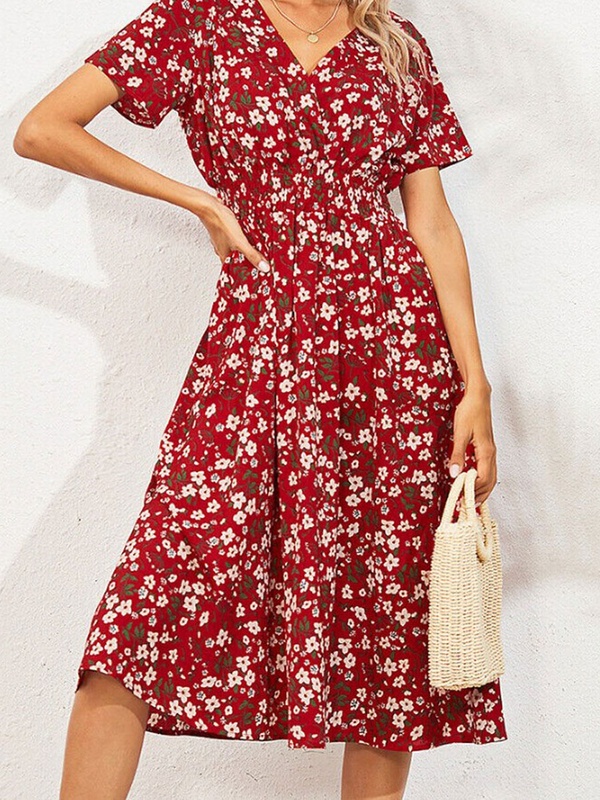 V Neck Floral Print Waist Short Sleeved Midi Dress